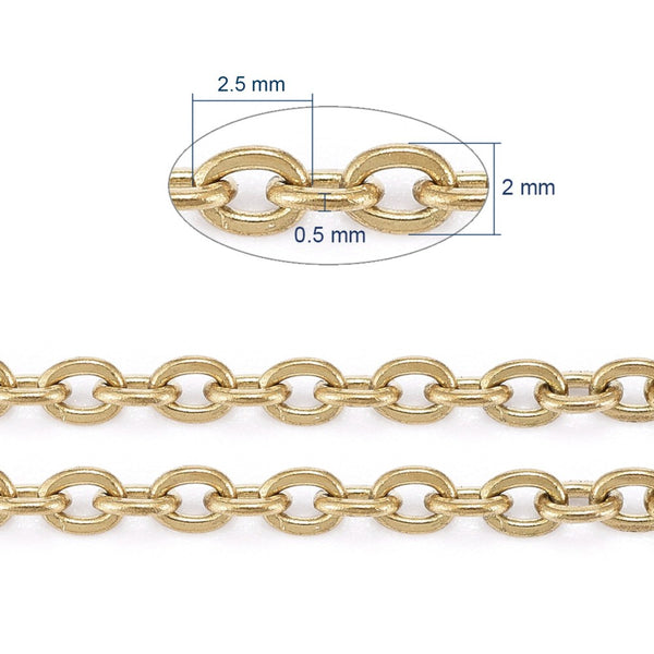 Edelstahlkette mit ovalen Gliedern goldfarbig gelötet 2,5x2x0,5mm 1m