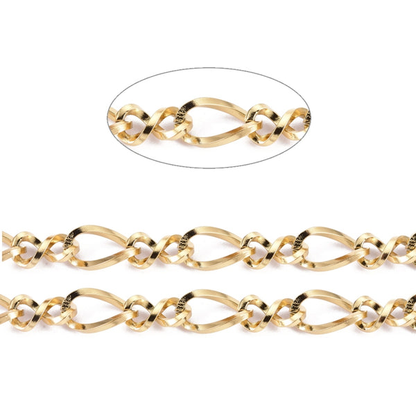 Edelstahlkette 304 Figaro ungeschweißt golden 6x3,5x1mm 5,5x3,5x1mm Ionenplattierung 1m