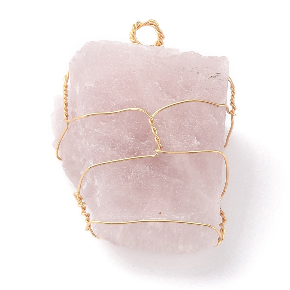 Edelsteine ​​roh Fluorit- Quarzkristall- und Rosenquarzanhänger mit goldenem Draht eingefasst 34~55x27~41x17,5~21mm 3 Stück