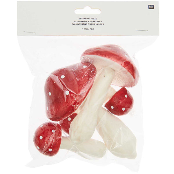 Deko-Pilze Polystyrol Rot/Weiß 7,5 - 14 cm x 3 - 7,8 cm 5 Stück