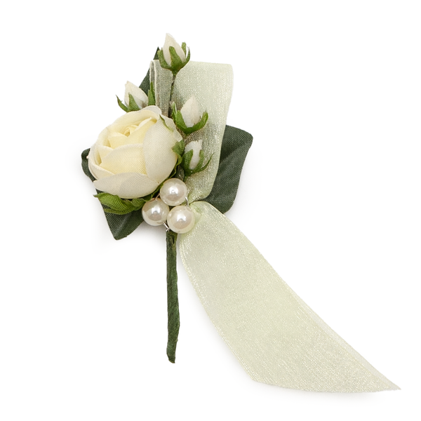 Gästeanstecker Rose auf Efeublatt champagner 10cm