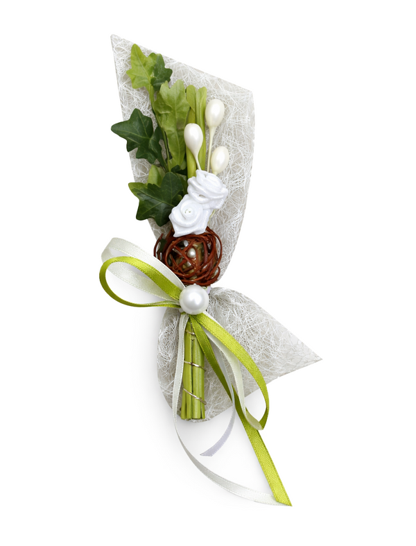 Gästeanstecker Stäbe 2 Diorrosen weiß Rebenkugel