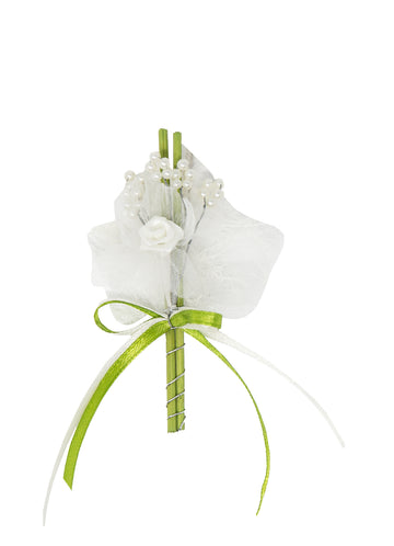 Gästeanstecker Stäbe Perlblumen Tülldior creme Sisalblatt