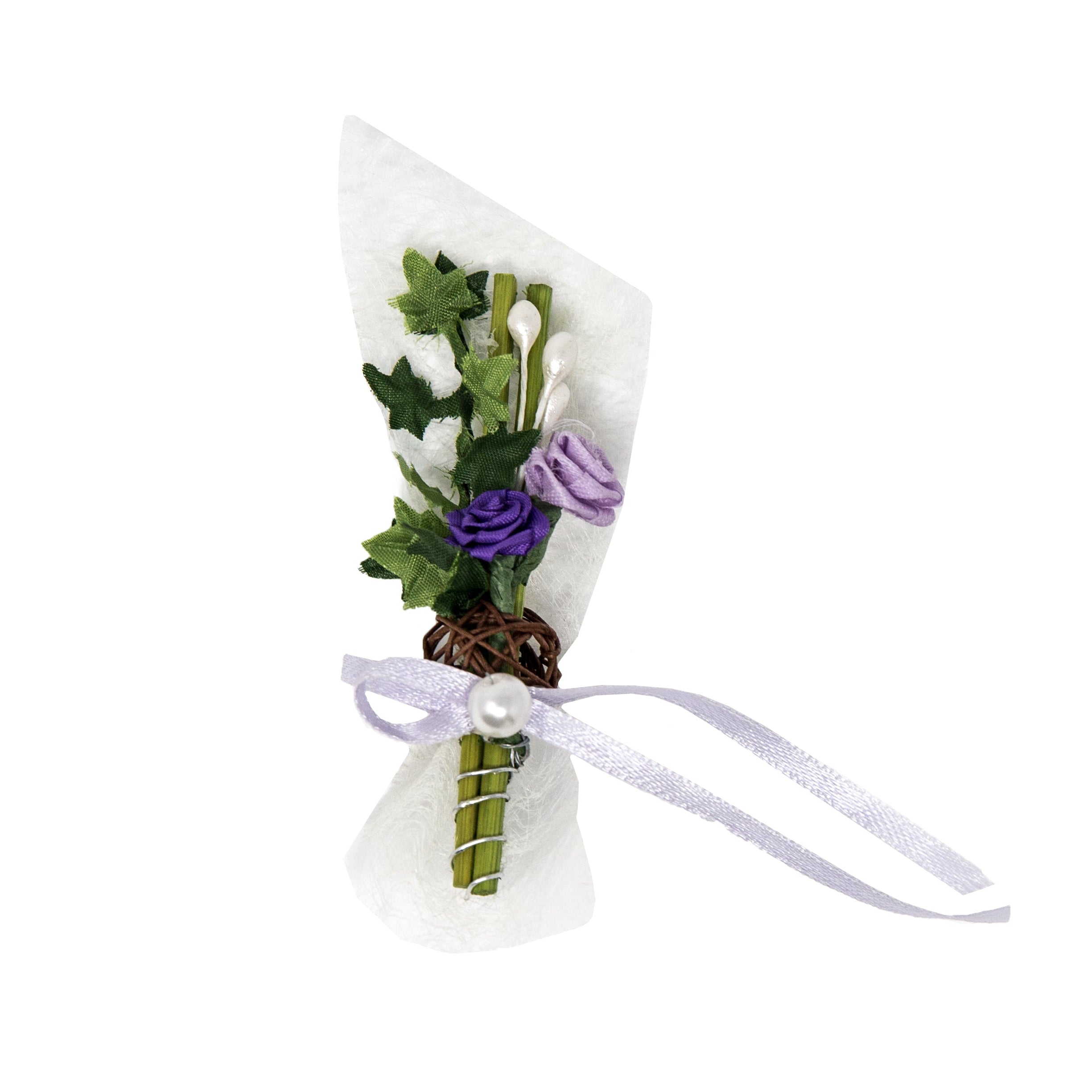 Gästeanstecker lila Diorröschen Reed Sisalstreifen Schleife