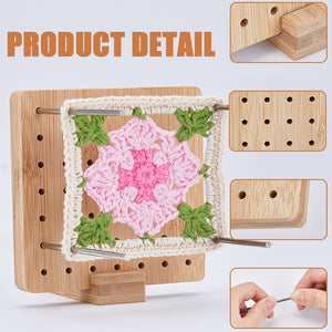Granny Square Spanner Häkelblocker aus Bambus mit Edelstahlstiften 10x10x1,5cm