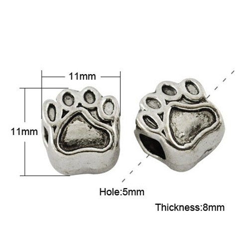 Großlochperle Metall, Pfote, 11x8mm, antiksilber, pro Stück