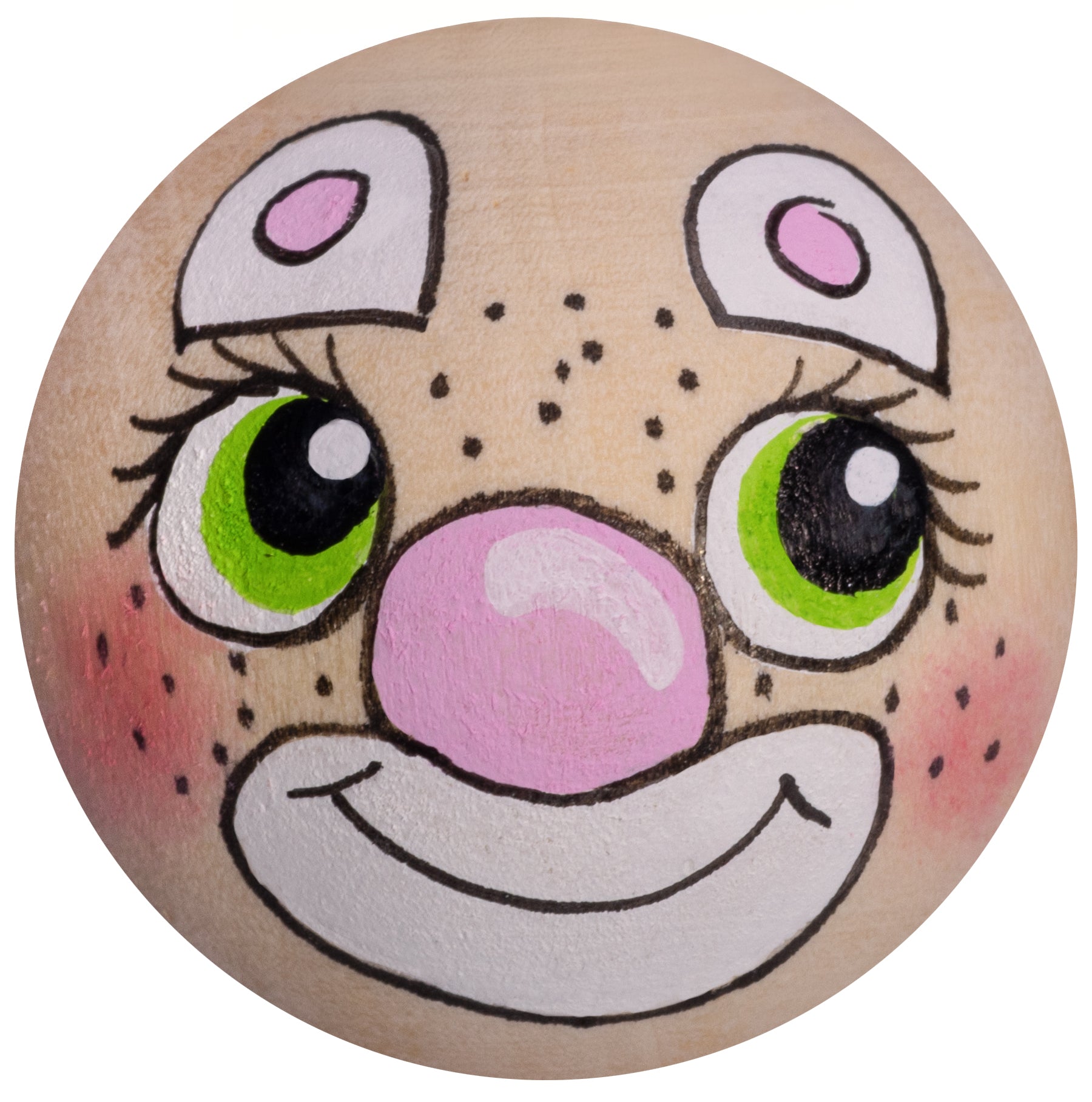 Handbemaltes Holzköpfchen Clown rosa große Nase grün Augen