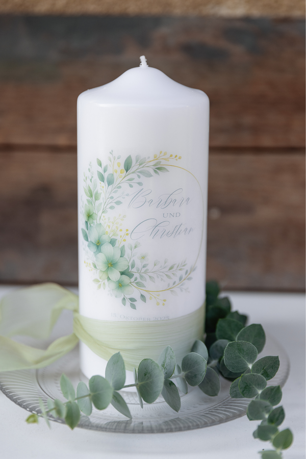 Hochzeitskerze Greenery Blumen-Bouquet 18x8cm