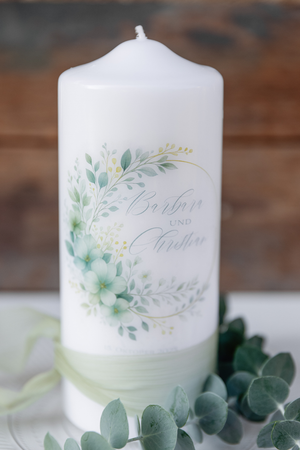 Hochzeitskerze Greenery Blumen-Bouquet 18x8cm