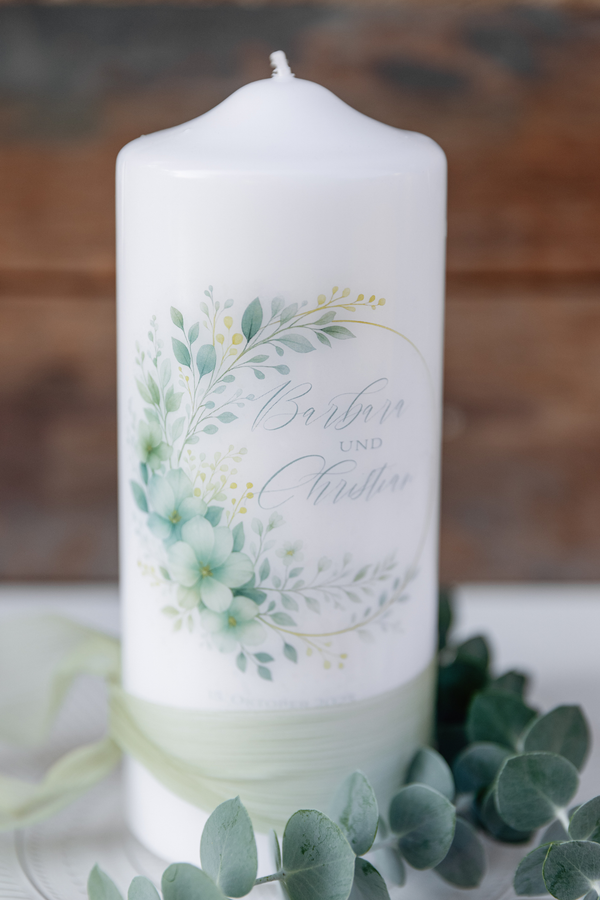 Hochzeitskerze Greenery Blumen-Bouquet 18x8cm