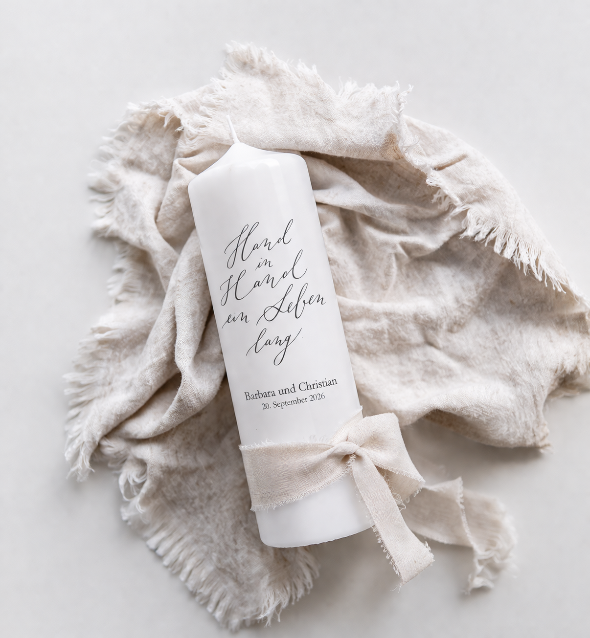 Hochzeitskerze Hand in Hand ein Leben lang Spruch 23x6cm