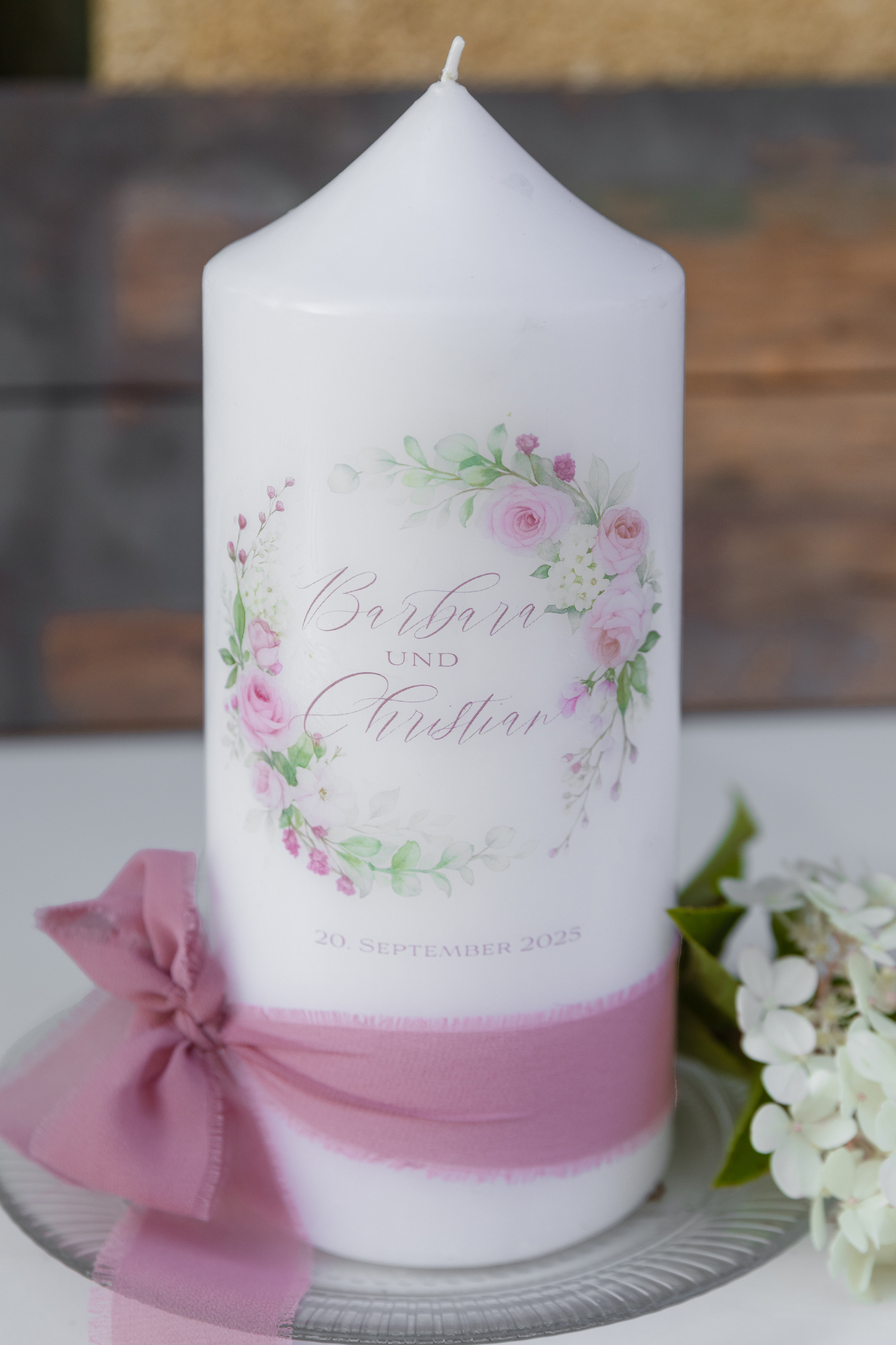 Hochzeitskerze Rosenbouquet rosa grün 25x10cm