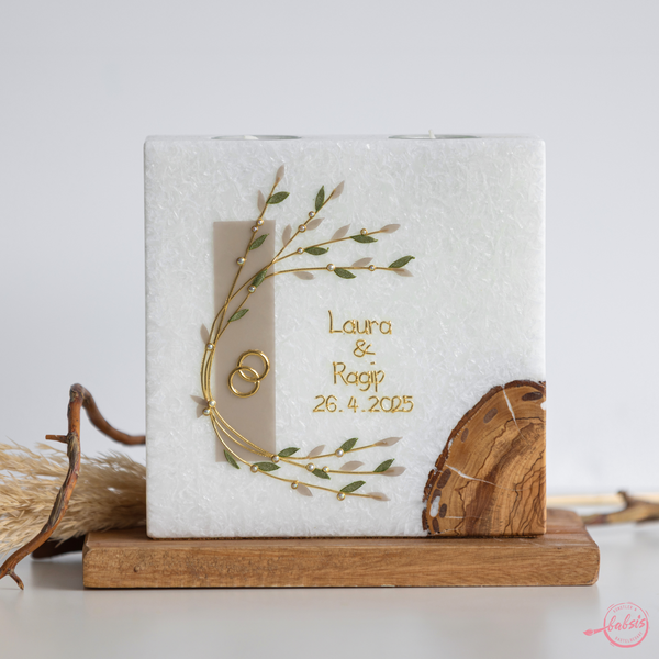 Hochzeitskerze Blätterranke beige grün Stearin im Landhausstil mit Olivenholzeinsatz Teelichteinsatz quadratisch 20x20x7 cm