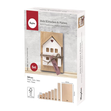 Holz Set Klötzchen natur Platten FSC 100% Mini  34 Teile 1Set