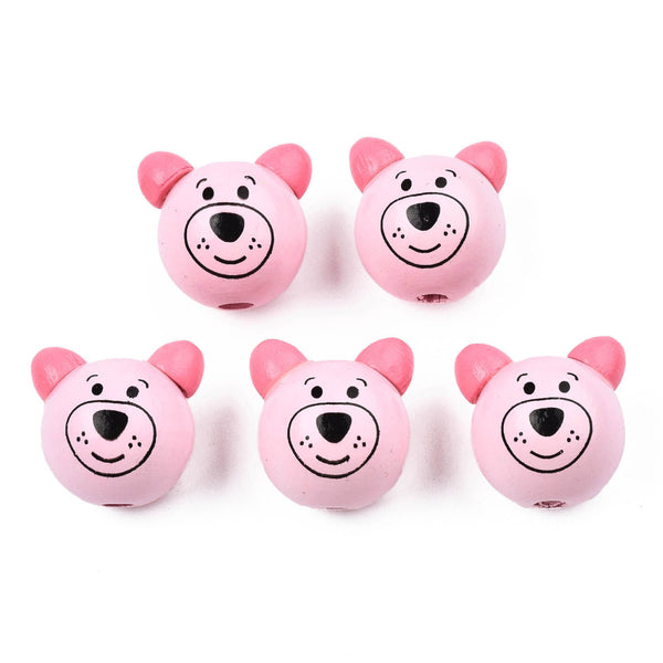 Holzkugel Teddykopf mit Ohren rosa lackiert und bedruckt 25mm 10 Stück