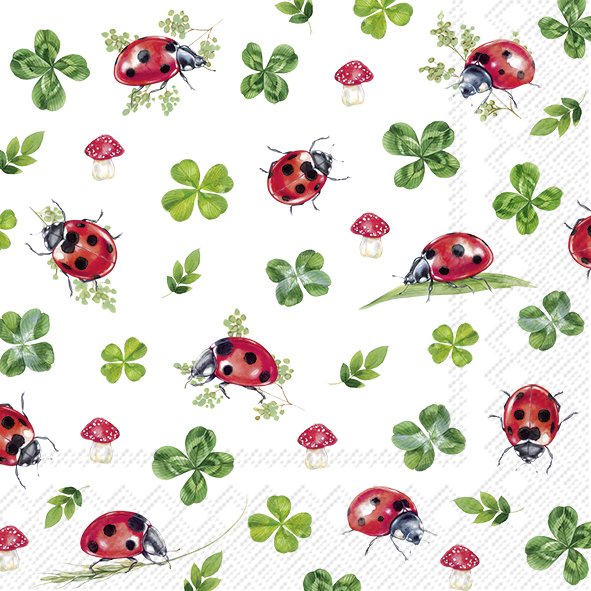 IHR Servietten Lucky Ladybugs Marienkäfer mit Klee 3-lagig 33x33cm 20 Stück / Packung
