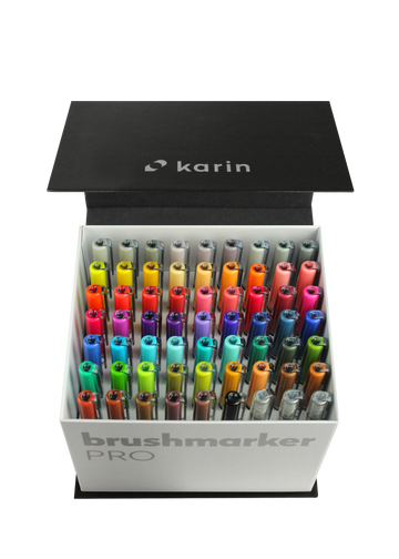 Karin Markers Brushmarker PRO MEGA BOX Set mit Nylon-Pinselspitze 60 Stifte und 3 Blender