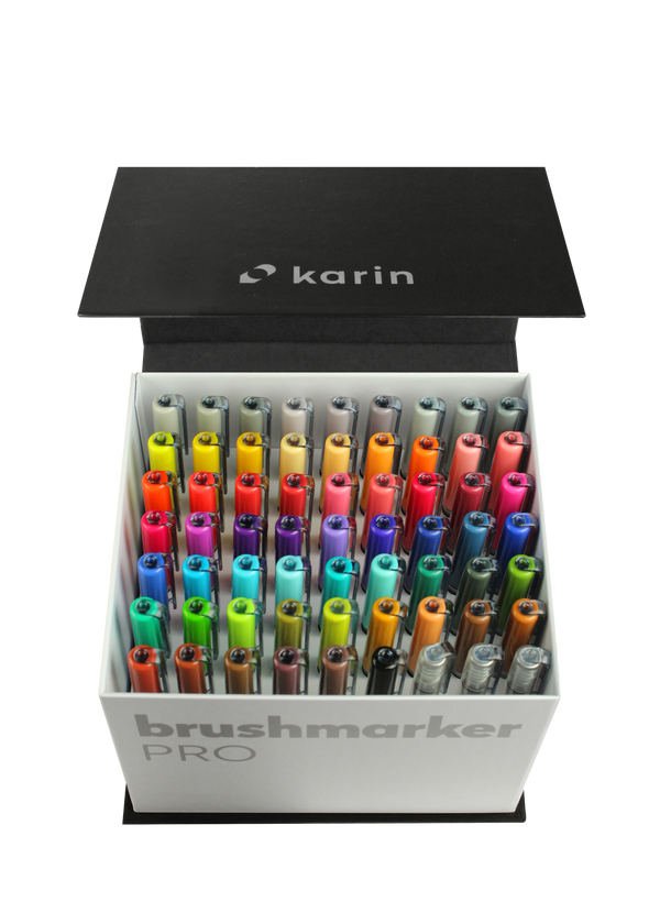 Karin Markers Brushmarker PRO MEGA BOX Set mit Nylon-Pinselspitze 60 Stifte und 3 Blender
