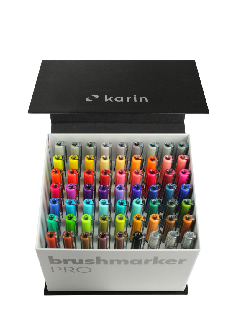Karin Markers Brushmarker PRO MEGA BOX Set mit Nylon-Pinselspitze 60 Stifte und 3 Blender