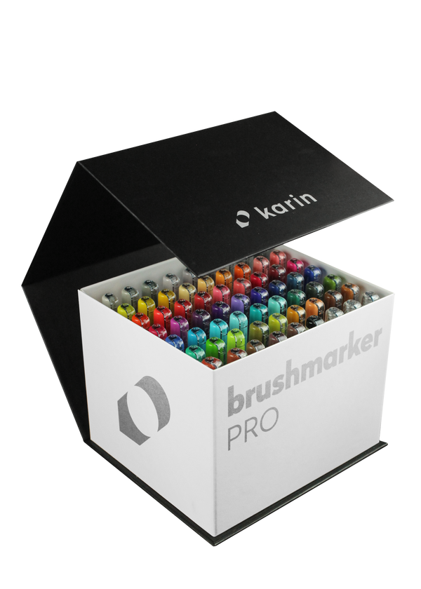 Karin Markers Brushmarker PRO MEGA BOX Set mit Nylon-Pinselspitze 60 Stifte und 3 Blender