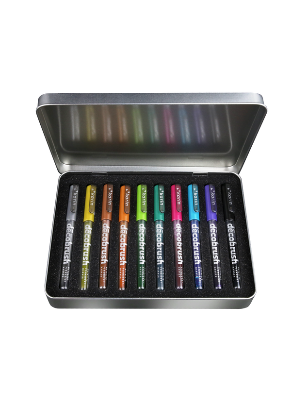 Karin Markers Decobrush Metallic Permanent Ink Set 10 Stifte in Metallbox
