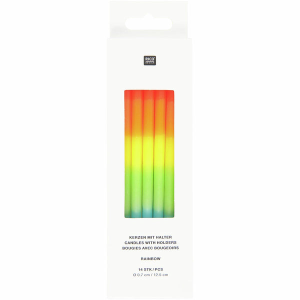 Kerzen Dip Dye Regenbogen mit Halter Ø0,7x12,5cm 14 Stück