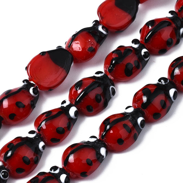 Marienkäfer Glasperlen handgemacht Lochbohrung 1mm schwarz rot 13x6mm 1 Stück