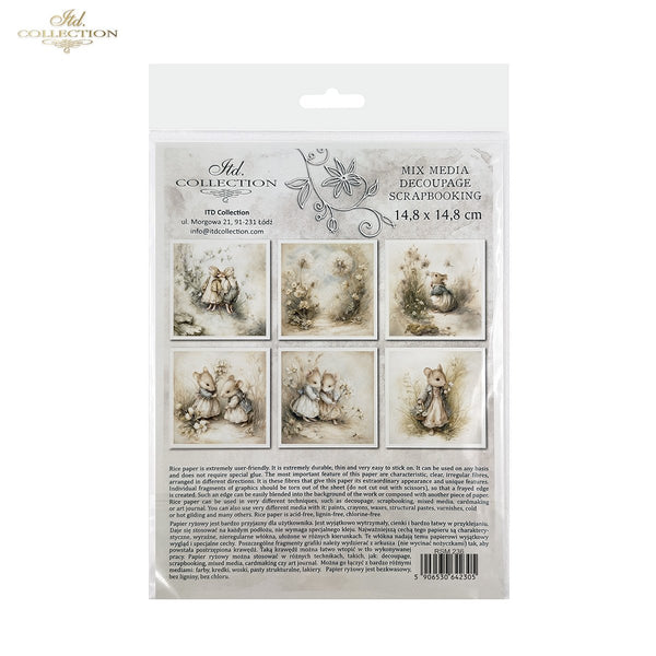 Mini Reispapier Set Vintage Mäuse 14,8x14,8cm 30-35g/m² 6 Bögen