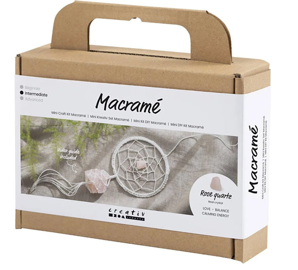 Mini Kreativ Set Macramé Traumfänger mit Kristall Aus Rosenquarz Hellrosa-Weiß 8-teilig