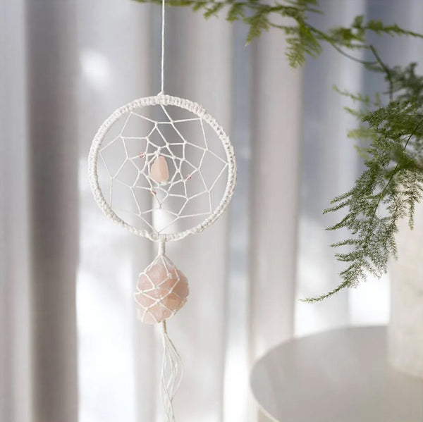 Mini Kreativ Set Macramé Traumfänger mit Kristall Aus Rosenquarz Hellrosa-Weiß 8-teilig