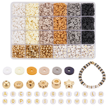 Perlen-Set Gold-Braun aus Buchstabenperlen Goldperlen und Polymerclay-Scheiben