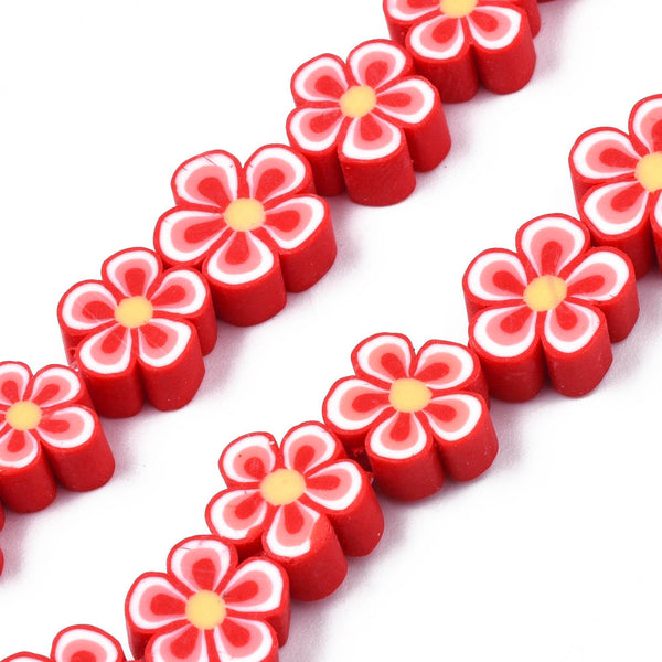 Blumenperlen aus Polymerclay verschiedene Farben  7,5~10x7~11x3,5~5mm 38 Stück / Strang