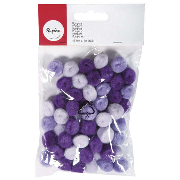 Pompons lila sortiert 15mm 60 Stück