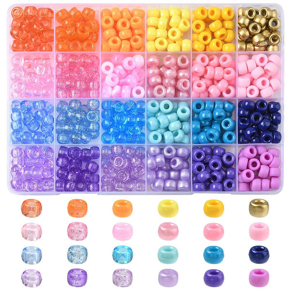 Pony Beads Kunststoffperlen Mix 24 Farben opak & transparent  9x6mm 552 Stück