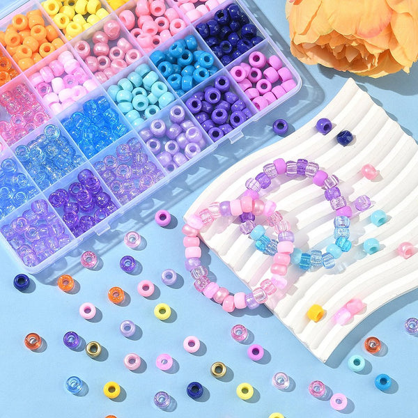 Pony Beads Kunststoffperlen Mix 24 Farben opak & transparent  9x6mm 552 Stück