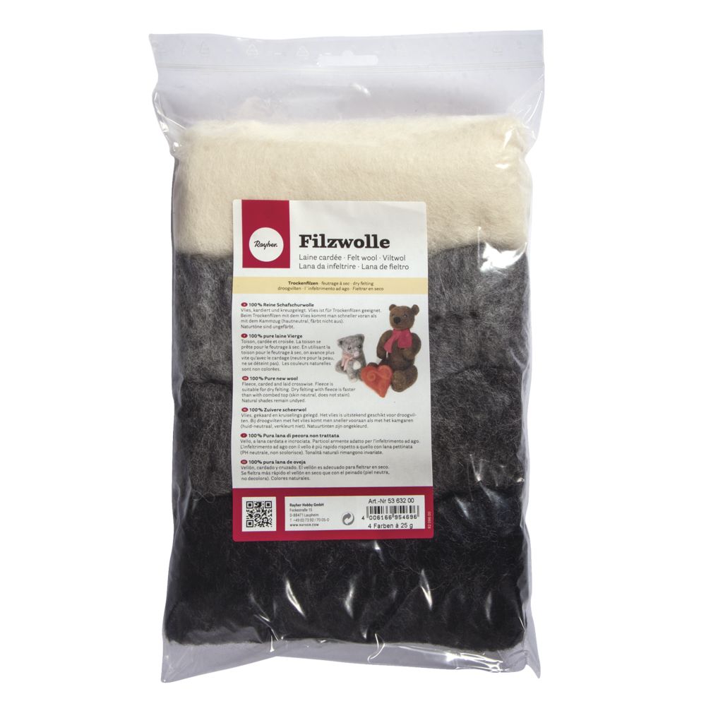 Reine Schurwolle meliert Vlies Grau-Töne 4 Farben à 20g 100g/Beutel