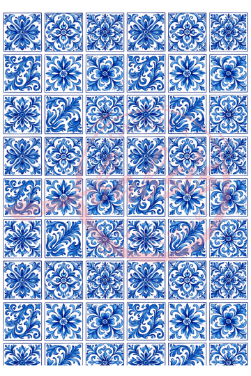 Reispapier Azulejo Ornamentfliesen Blau-Weiß A4 25-30g/m² 1 Bogen