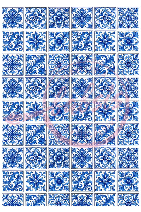 Reispapier Azulejo Ornamentfliesen Blau-Weiß A4 25-30g/m² 1 Bogen