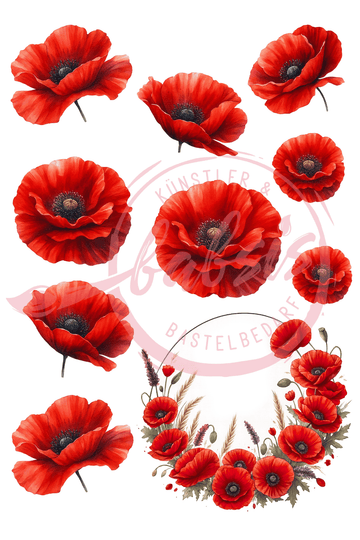 Reispapier Mohnblumen rot A4 25-30g/m² 1 Bogen