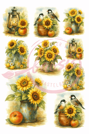 Reispapier Sonnenblumen mit Vögelchen A4 25-30g/m² 1 Bogen
