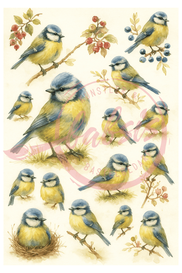 Reispapier Vogel Meise blau gelb A4 25-30g/m² 1 Bogen