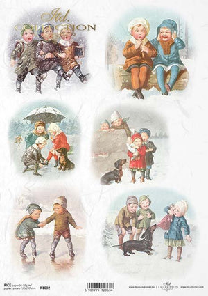 Reispapier A4 spielende Kinder im Schnee, Decoupagepapier Reispapier 25-30g/m2