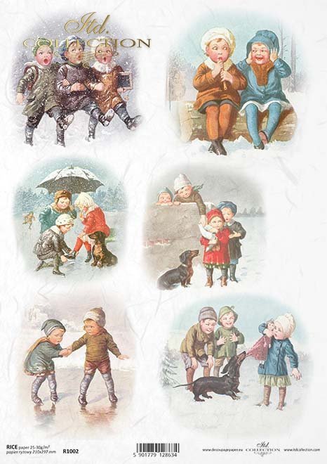 Reispapier A4 spielende Kinder im Schnee, Decoupagepapier Reispapier 25-30g/m2