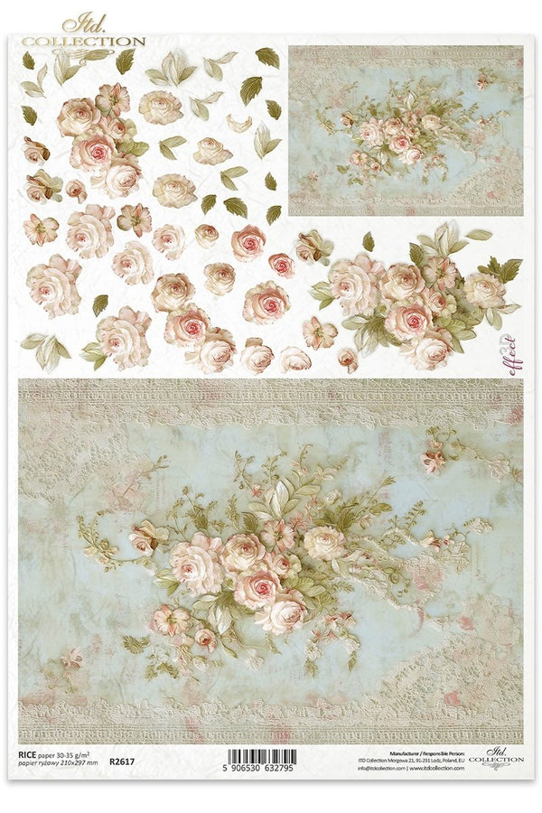 Reispapier Vintage Rosen im 3D-Effekt für Serviettentechnik und Decoupage A4 30-35g/m²