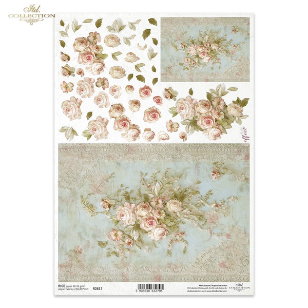 Reispapier Vintage Rosen im 3D-Effekt für Serviettentechnik und Decoupage A4 30-35g/m²
