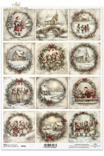 Reispapier für Serviettentechnik und Decoupage Weihnachtsszenen mit Weihnachtsmann A4 30-35g/m² 210x297mm 1 Bogen
