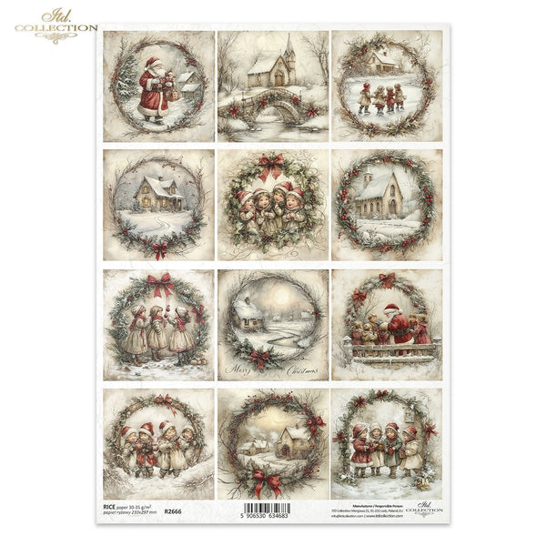 Reispapier für Serviettentechnik und Decoupage Weihnachtsszenen mit Weihnachtsmann A4 30-35g/m² 210x297mm 1 Bogen