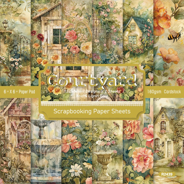 Scrapbook-Papier-Set „Blumengarten im Innenhof“, 24 Blätter, 12 Designs, 152 x 152 mm