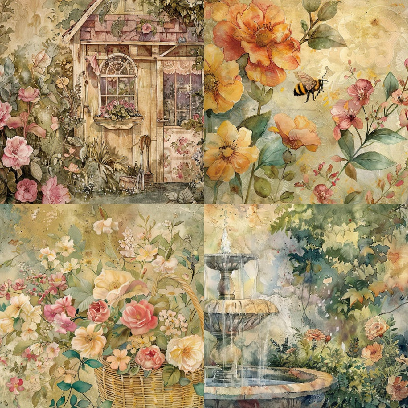 Scrapbook-Papier-Set „Blumengarten im Innenhof“, 24 Blätter, 12 Designs, 152 x 152 mm