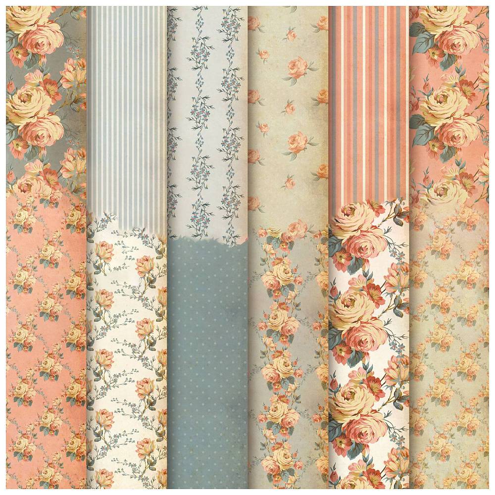 Scrapbooking-Papierblock Vintage Rosen blau/altrosa 15x15cm 12 Designs 12 Blatt